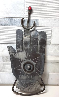 Etched And Carved Hamsa Hand Copper(?) Wall Hanging With Inlaid Stone Accents.