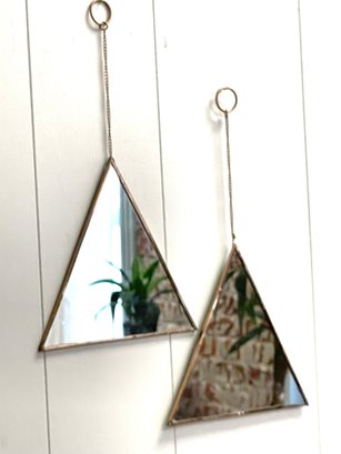 Copper Wrapped Triangle Mirrors On Chain And Ring.  Set Of 2