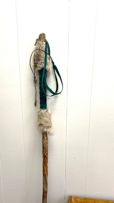 Large Live Edge Walking Stick With Suede Wrapping, Rabbit Fur And Pewter Token 55 Inches Tall