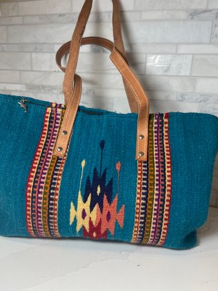Southwest/aztec/Boho  Wool Tote W Vibrant Colors,leather Straps