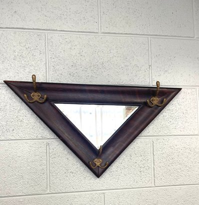 Vintage Wood Framed Triangle Mirror With Brass Hooks.  19 X 19 X 27