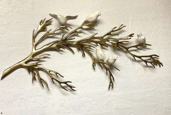 Fantastic Brass And High Glaze Enamel Birds Wall Hanging About 34 X11 Inches