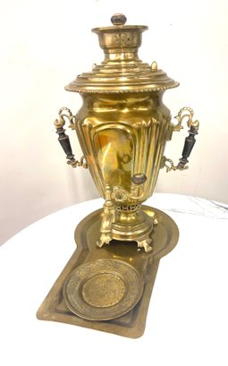 Rare 1889 Antique Imperial Russia Brass Samovar With Tray, Bowl