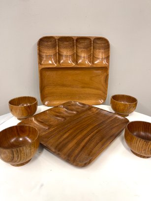 Mid Century Modern Teak/Walnut Divided Platters And Footed Bowls