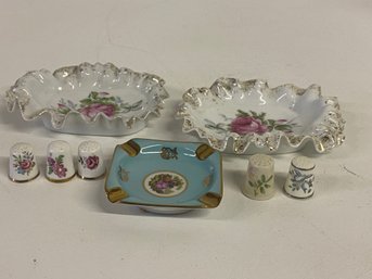 Two Small English China Trays  Five China Thimbles Marked