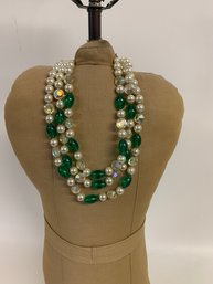 Vintage MCM Signed Lisner Three Stand Pearl And Green Necklace