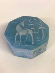 70s Hand Crafted Unicorn Soapstone  Hexagon Trinket Box / Robert Nemith