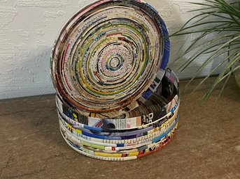 Folk Art Round Box Mad Of Rolled Magazine Pages