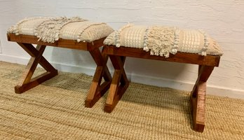 Two Benches Upholstered With Wood X Legs