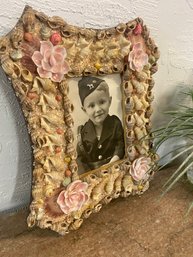 Folk Art Shell Frame With Little Boy In Uniform