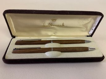 Vintage Hallmark Walnut Wood Ballpoint Pen And Pencil Set In Original Box