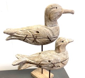 Charming  Reclaimed Wood Ducks On Pedestal/stands With Wire Detail