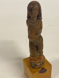 Whittled Carving Of Girl With Natural Base Mounted On Wood Block