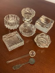 Set Of Six Glass Salt Dishes With Silver Spoon & Glass Spoon