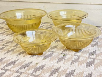 Rare Vintage Set Of 4 Federal Glass Ribbed Nesting Bowls