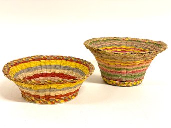 Pair Of Woven Paper Folk Art Baskets With Tin Can Bottoms