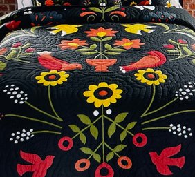 Plow & Hearth Ansley Folk Art Cotton Printed Quilt ( Queen)  And Two Shams, Black