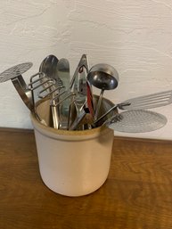 Vintage Crock Filled With Utensils