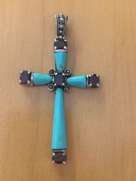 Stunning Sterling Cross With Gem Stones And Turquoise 3 Inch