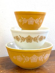 Vintage Pyrex Mixing Bowls, Yellow Butterfly Flowers, Set Of Three