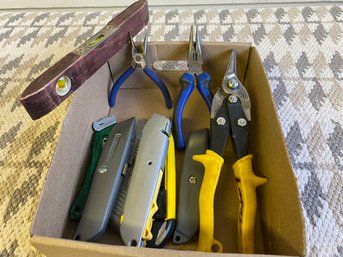 Box Of Box Cutters Nice Nips, Pliers And Small Level