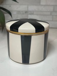 Jonathon Adler Inspired Black And White Ceramic Lidded Jar With Gold Rim At Seam