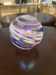 Large Blown Glass Swirled Sphere, Artist Signed About 6 Inches