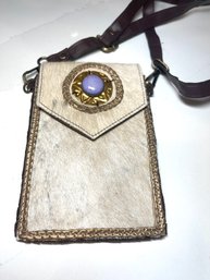 Genuine Cowhide Crossbody Purse With Brass Detail And Natural Stone