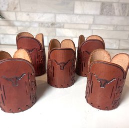 Western Style Tooled Leather Can Holders/coozie W/ Long Horn Bull Emblems