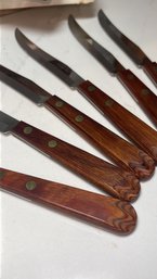 Gorgeous Set Of Robinson Steak Knives With Wood Handles And Brass Rivets, New In Box