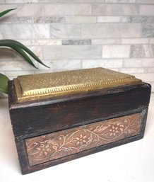 Thick, Chunky Wood Box With Etched And Carved Brass/copper Panels.