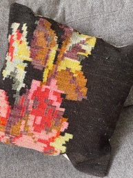 Vintage Kilim Pillow, Vibrant Colors On Black 16 X 16