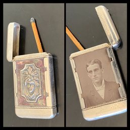 Rare Antique Matchbox Holder With Tin Type