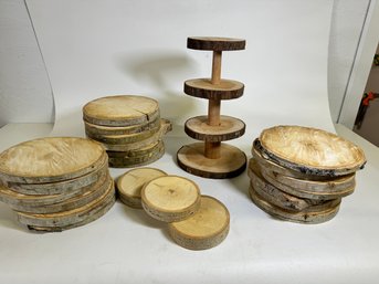 Natural Wood Log Slice Pieces And A Three Tier Stand