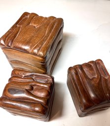 Handcarved Wood Trinket Boxes Set Of Three, Dovetailed With Intricate Carvings.