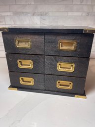 Campaign Style Dresser/jewelry Box, Ribbed Wood With Brass Details.