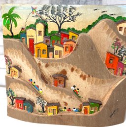 Peruvian Folk Art 3D Sculpture/Painting.  Charming Village Scene, Artist Signed