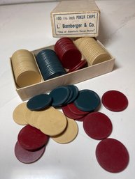 Vintage Bakelite Poker Chip Set In Original Box ( 96 Pieces) L. Bamberger & Co.  1 1/2 Inch Chips