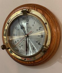 Vintage Bell Clock Company Nautical Ships Porthole Brass And Oak Wall Clock