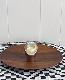 MCM Teak Serving Tray With Nambe Candle Holder