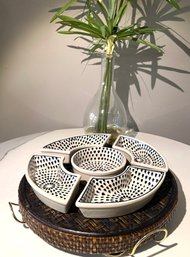 Mid Century Modern Inspired Lazy Susan Set With Blk And White Patterned Dishes