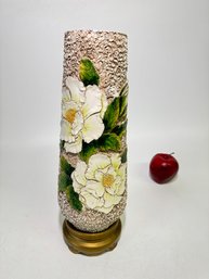 Tall Mid Century Textured Ceramic Vase With Flowered Design