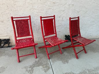 Trio Of Red Bamboo Style Chippy Folding Chairs