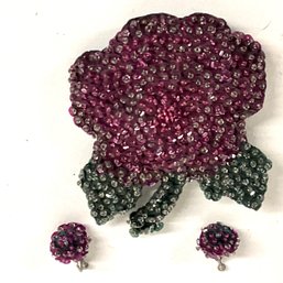 Vintage Sequined Rose Pin With Screw On Sequin Earrings