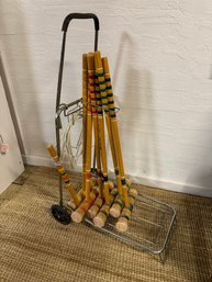 Rolling Metal Croquet Cart With Mallets And Some Wickets