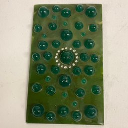 Vintage Plastic Swirl Molded Panel 5.25x 3 Inches Green Dots With Rhinestones