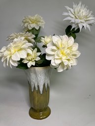 Large Mid Century Drip Glaze Vase With Pretty White Flowers