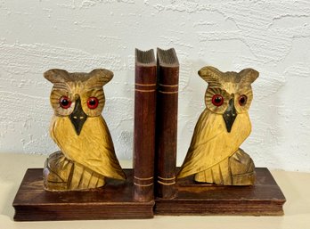 Vintage Carved Wooden Owl Book Ends