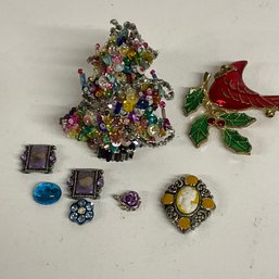 Vintage Sequined Little Christmas Tree With Little Doodads And A Bird Pin