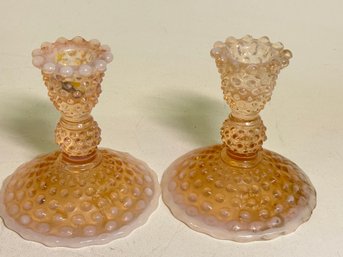 Pair Of Vintage Blush And White Hobnail Candle Holders